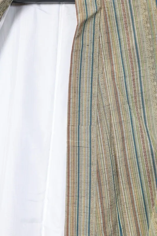 Tsumugi silk(Japan used kimono), Hakata weave, vertical stripe pattern, shades of green, indigo, brown, yellow, irregular stripes, R166