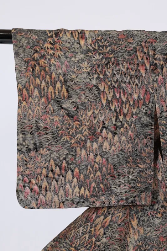 Japa Pre-loved Kimono – Moss Green, Red, Yellow – Landscape Design (Q13)