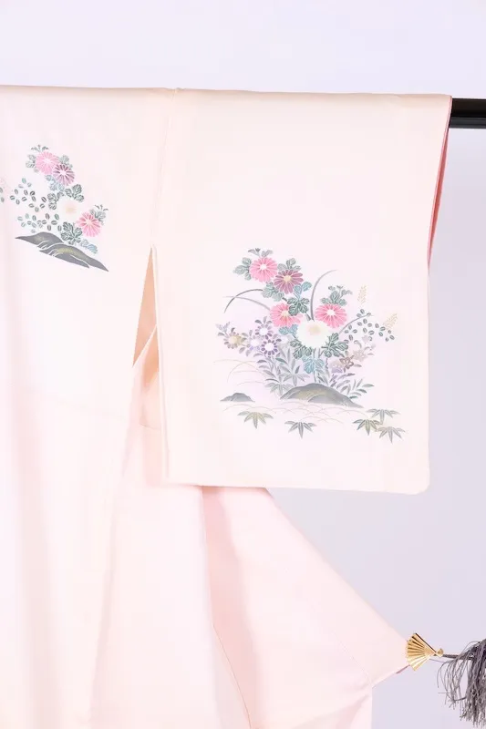 Visiting kimono used, cherry blossom pink, gray, gold, coral red, purple, indigo, green, Kyo-Yuzen dyeing, B1406