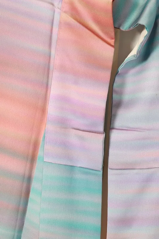 Visiting kimono used, blue, purple, red, orange, brown, hand-painted, irregular horizontal stripes, by Saito Sansai, B1424