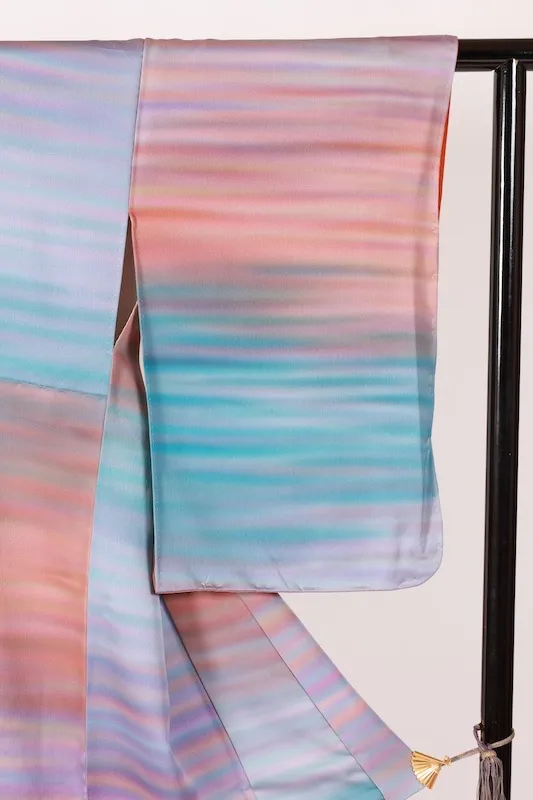Visiting kimono used, blue, purple, red, orange, brown, hand-painted, irregular horizontal stripes, by Saito Sansai, B1424