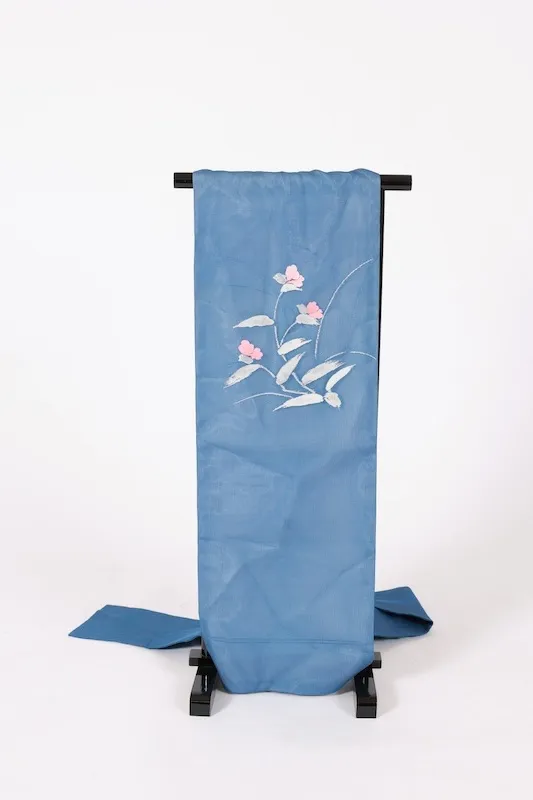 Summer Nagoya obi used (sash), sheer fabric, blue, gray, silver, coral, floral pattern, L19
