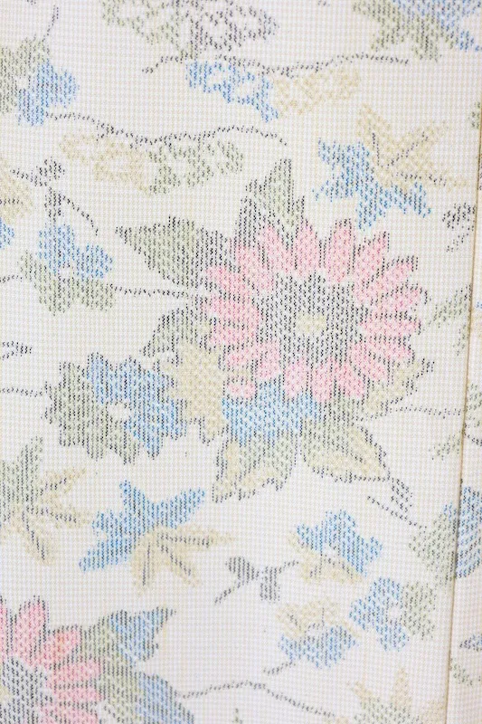 Japan Pre-loved kimono; unbleached white, red, green, and yellow; small floral pattern; A093