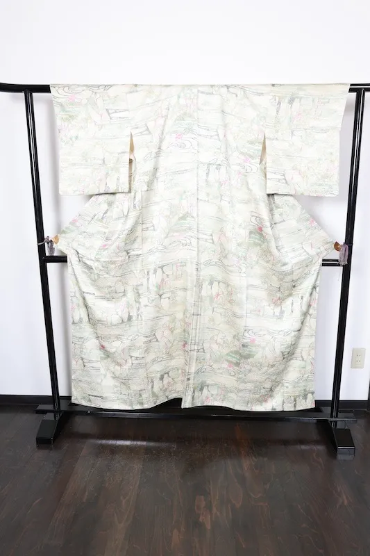 Komon (Japan used kimono fabric) - Off-white, gray, blue, green, wine - Geometric pattern - Batik dyeing - R165