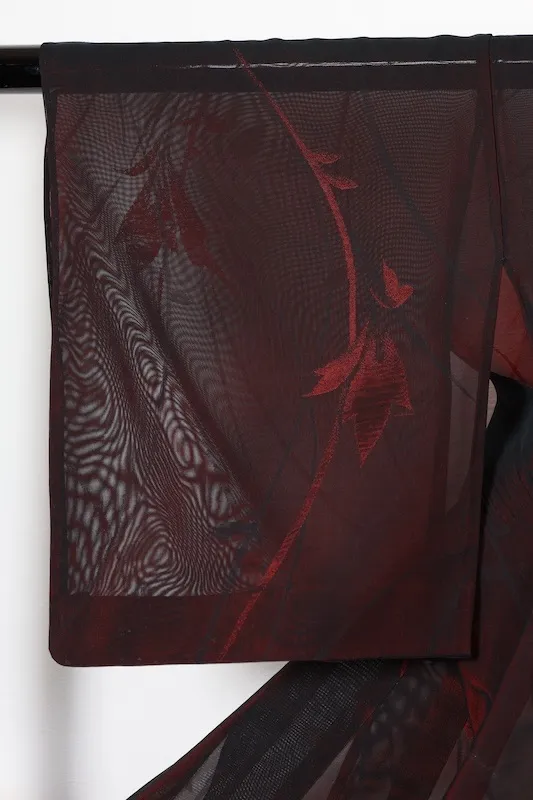 Summer Komon (used kimono fabric), Nishijin weave, patterned gauze, black and red floral pattern, R22