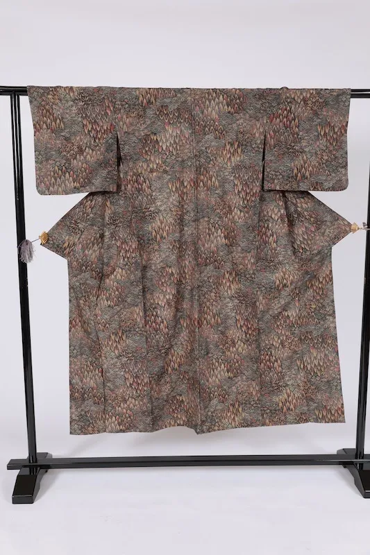 Japa Pre-loved Kimono – Moss Green, Red, Yellow – Landscape Design (Q13)