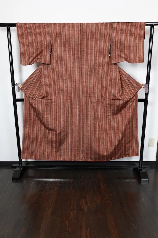 Nishijin Tsumugi(used kimono) – Shades of Brown, Crimson, and Gray – Stripes  – R147