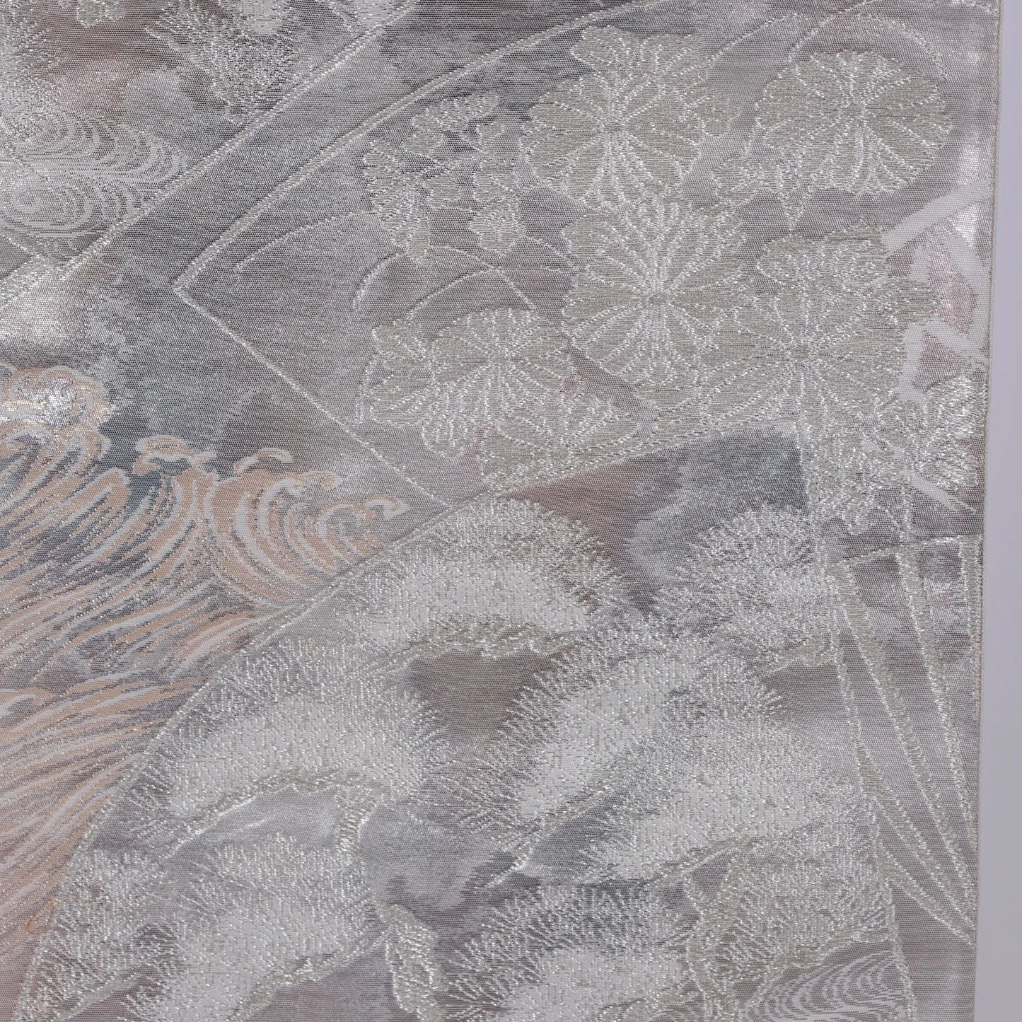 Fukuro obi used(formal sash), Hikihaku (gold leaf), Fan pattern, Waves, Pine, Chrysanthemum, Silver, Gold /Z16