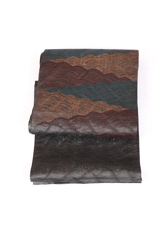 Fukuro obi used (sash) - Gray, Brown, Blue, Mustard - Wave pattern - Handwoven - Ripples - L8