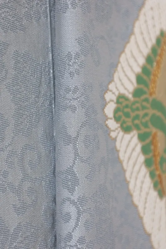 Nagoya obi (sash), brand new, unstitched, gray, green, blue, purple, gold, white, facing cranes, Tang weave, J23