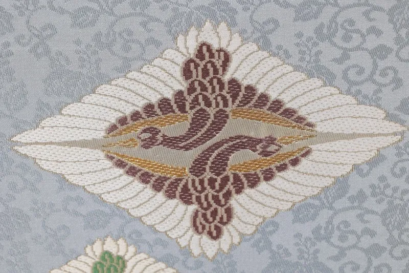Nagoya obi (sash), brand new, unstitched, gray, green, blue, purple, gold, white, facing cranes, Tang weave, J23