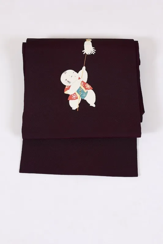 Nagoya obi used (sash), crepe silk, purple, red, white, light blue, black, hand-painted, children's design, L50