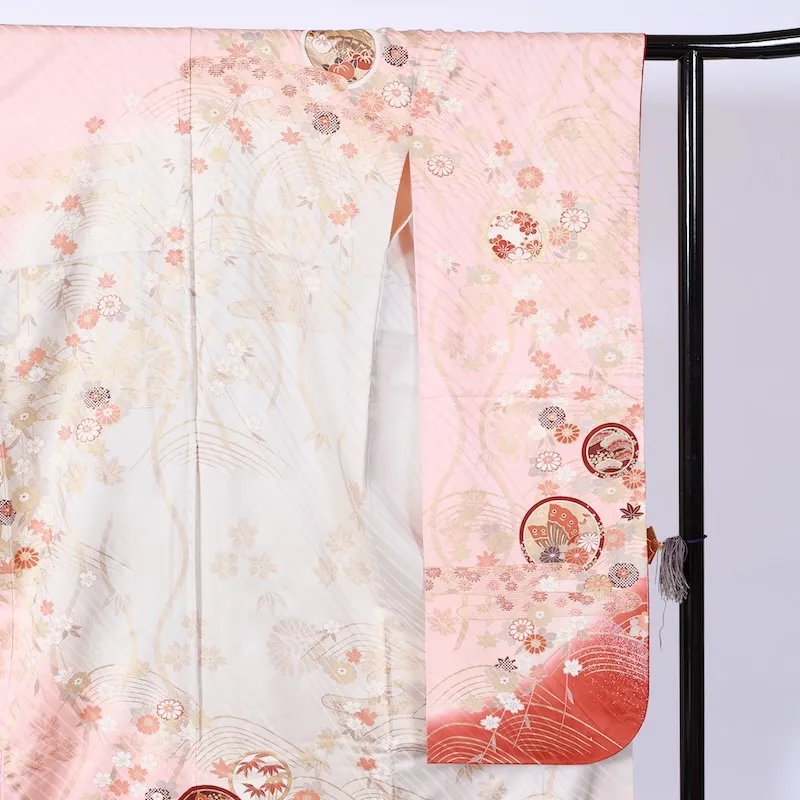Furisode (long-sleeved kimono used) - Off-white, pink, gold, blue, white, red, purple, butterfly, flower, Kyo-Yuzen dyeing, K100