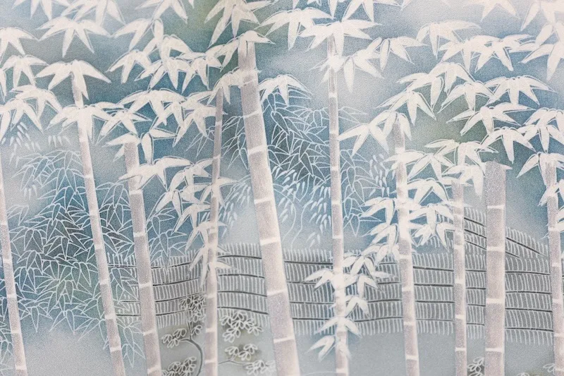 Visiting kimono used, off-white, gray, white, blue, green, silver, bamboo pattern, embroidery, B1426