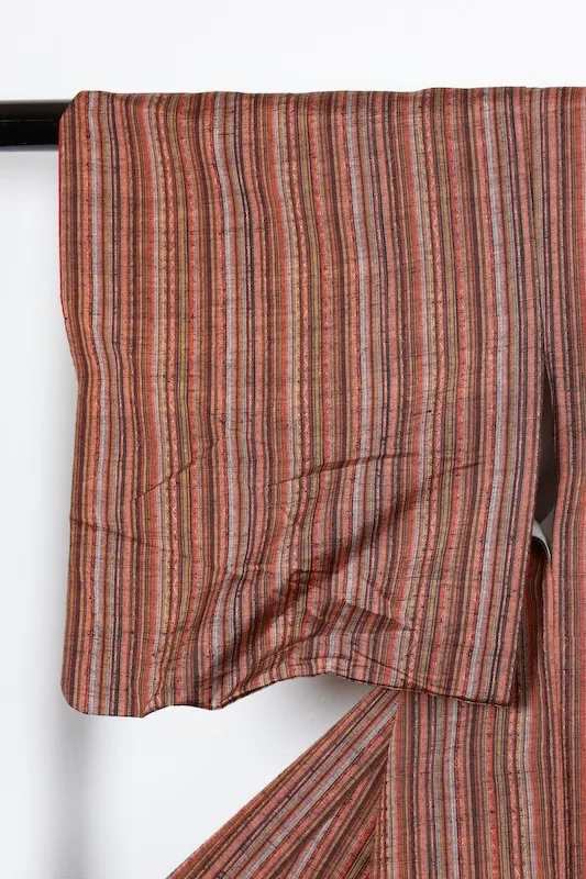 Nishijin Tsumugi(used kimono) – Shades of Brown, Crimson, and Gray – Stripes  – R147