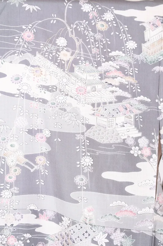 Oshima Tsumugi formal kimono used (houmongi) - shades of gray, black, purple, white, brown, green - Edo period landscape and floral pattern - L111