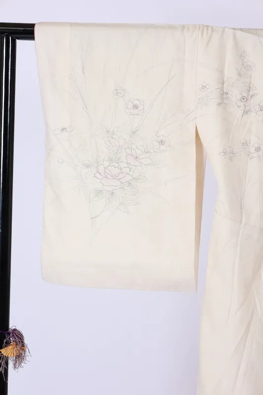 Silk pongee visiting kimono used, off-white, ink, light purple, light green, floral pattern, hand-painted, B1394