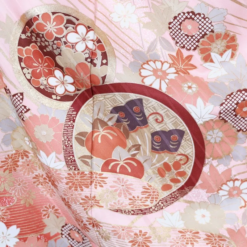 Furisode (long-sleeved kimono used) - Off-white, pink, gold, blue, white, red, purple, butterfly, flower, Kyo-Yuzen dyeing, K100