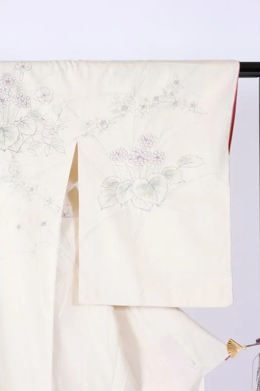 Silk pongee visiting kimono used, off-white, ink, light purple, light green, floral pattern, hand-painted, B1394