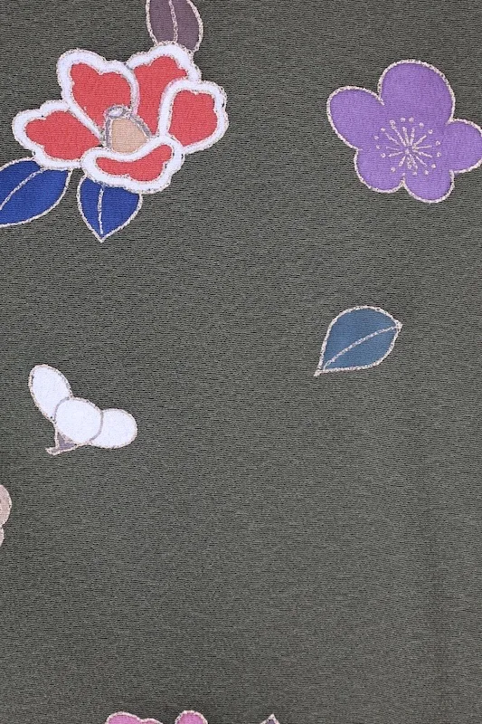 New, unused formal kimono (houmongi) in green, purple, white, red, blue, and gold, featuring camellia and cherry blossom patterns. (G10)