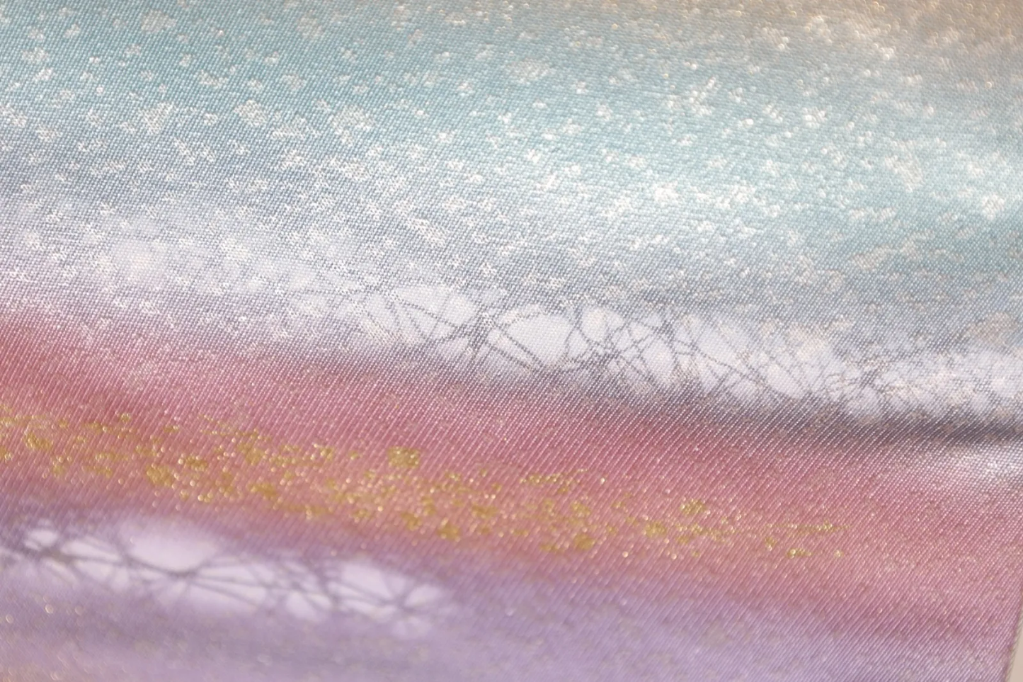 Nagoya Obi(used sash) – Blue, shades of purple, gray, silver, and gold; *hikihaku* (gold/silver leaf strip) technique – R124