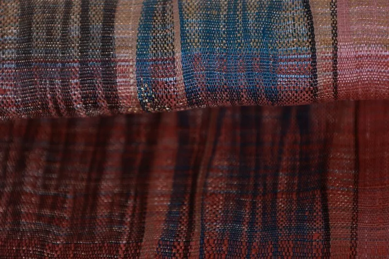 Fukuro Obi(used sash) – Watabun – Hand-woven – Shades of brown and indigo – Varied stripes – Horizontal bands – Stylized floral motifs (Karahana)B994