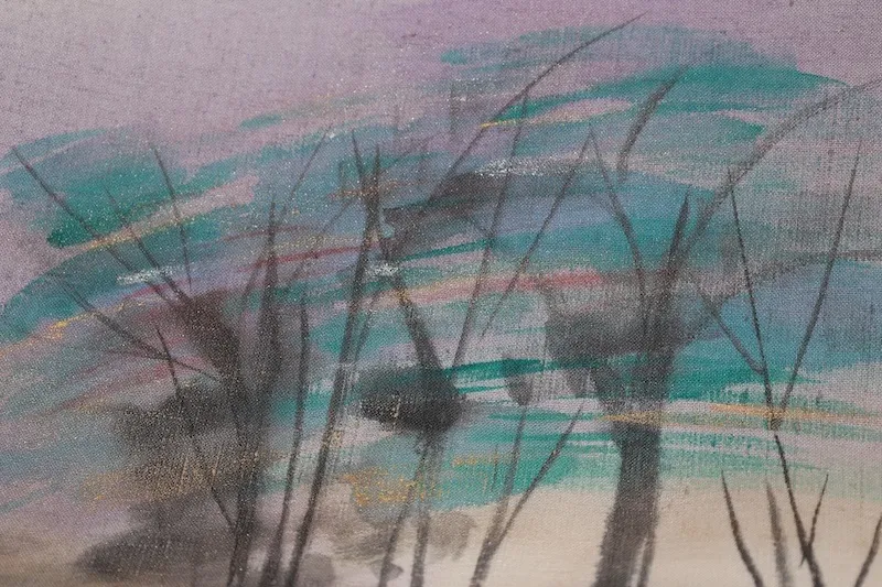 Fukuro Obi(used sash),  silk; off-white, pale purple, blue, sumi-ink black, gold, and green; hand-painted landscape design (B998)