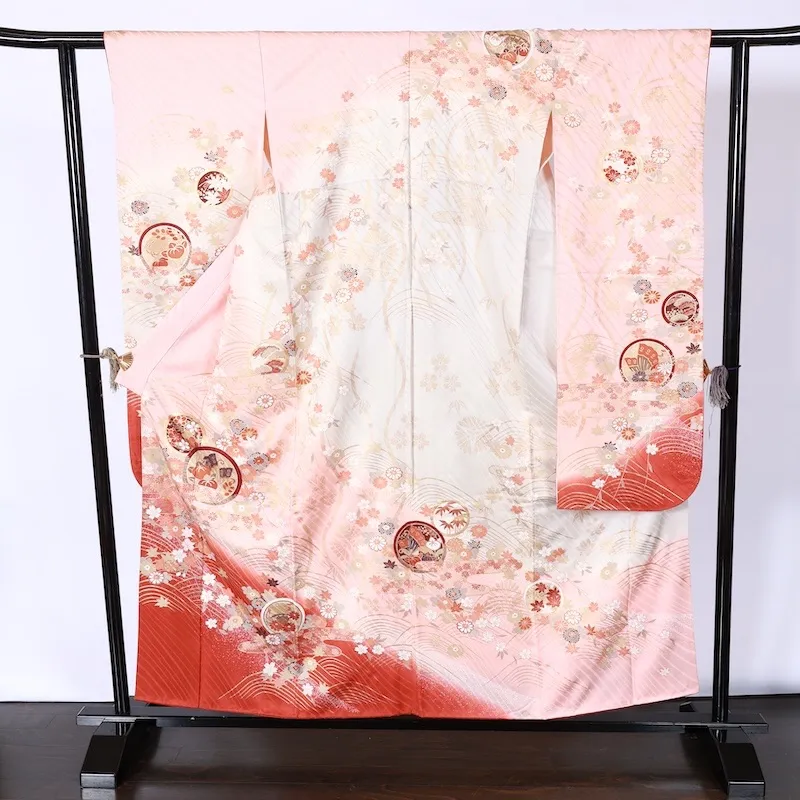 Furisode (long-sleeved kimono used) - Off-white, pink, gold, blue, white, red, purple, butterfly, flower, Kyo-Yuzen dyeing, K100