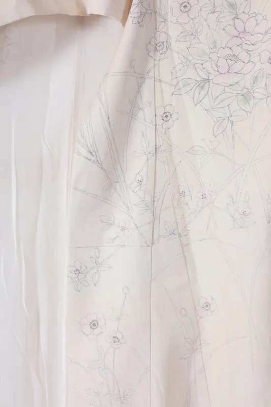 Silk pongee visiting kimono used, off-white, ink, light purple, light green, floral pattern, hand-painted, B1394