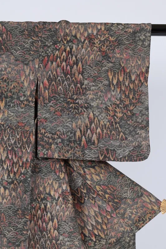 Japa Pre-loved Kimono – Moss Green, Red, Yellow – Landscape Design (Q13)