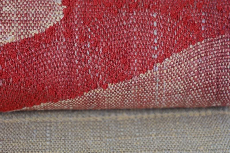 Nagoya obi used(sash), Tsumugi silk, mustard yellow, green, red, handwoven, geometric pattern, L4