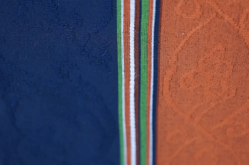Nagoya obi used(sash), Tsumugi silk, off-white, indigo, shades of brown, green, white, floral pattern, stripes, L3