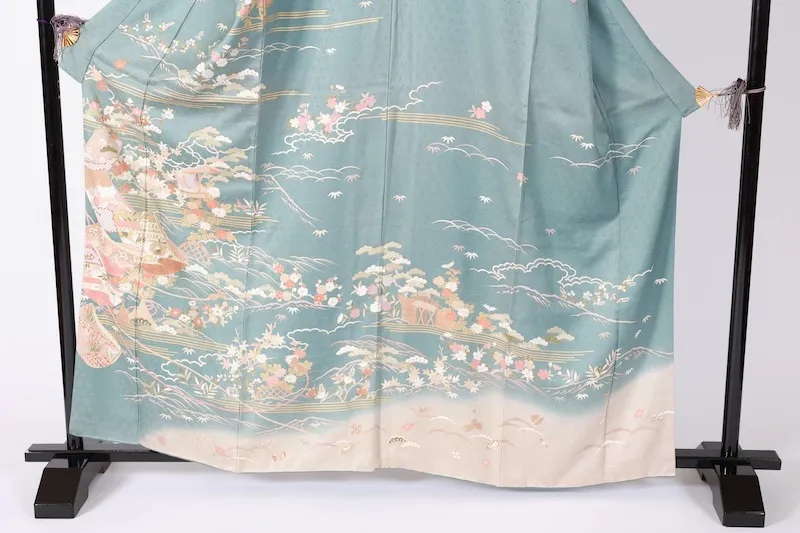 Formal used kimono (Houmongi) - Blue-gray, gold, coral red, purple, white, green, mandarin ducks, flowers, auspicious motifs, waves, Kyo-Yuzen dyeing, B1378