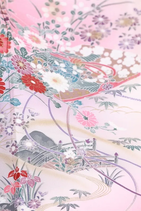 Visiting kimono used, cherry blossom pink, gray, gold, coral red, purple, indigo, green, Kyo-Yuzen dyeing, B1406