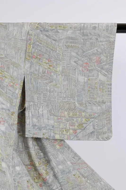 Japan Pre-loved Kimono – Gray, White, Yellow-Green, Coral Pink  – A079