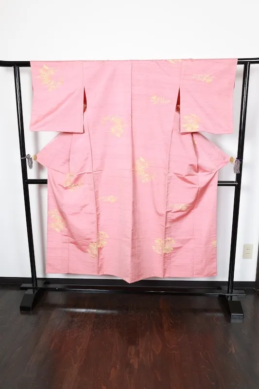 Japan used kimono(Tsumugi silk fabric), pink, yellow, green, floral pattern, handwoven, R199