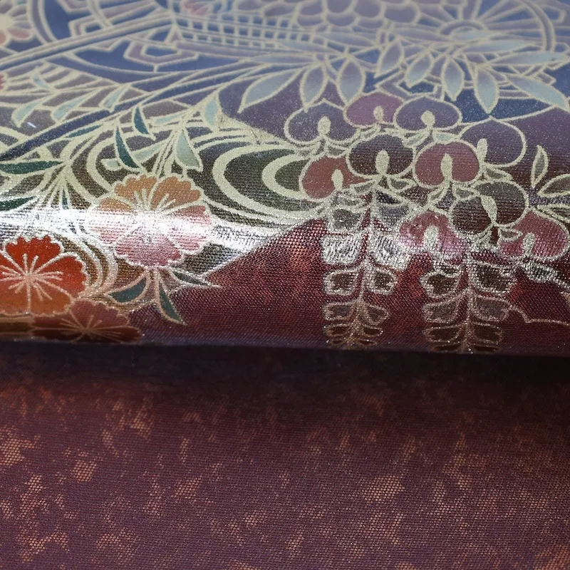 Fukuro obi　used (formal sash), lacquer and gold leaf, plum blossoms, chrysanthemums, cherry blossoms, seigaiha (wave pattern), flower cart, rust-red, tataki (stamped) finish, taiko (drum-shaped) pattern, P