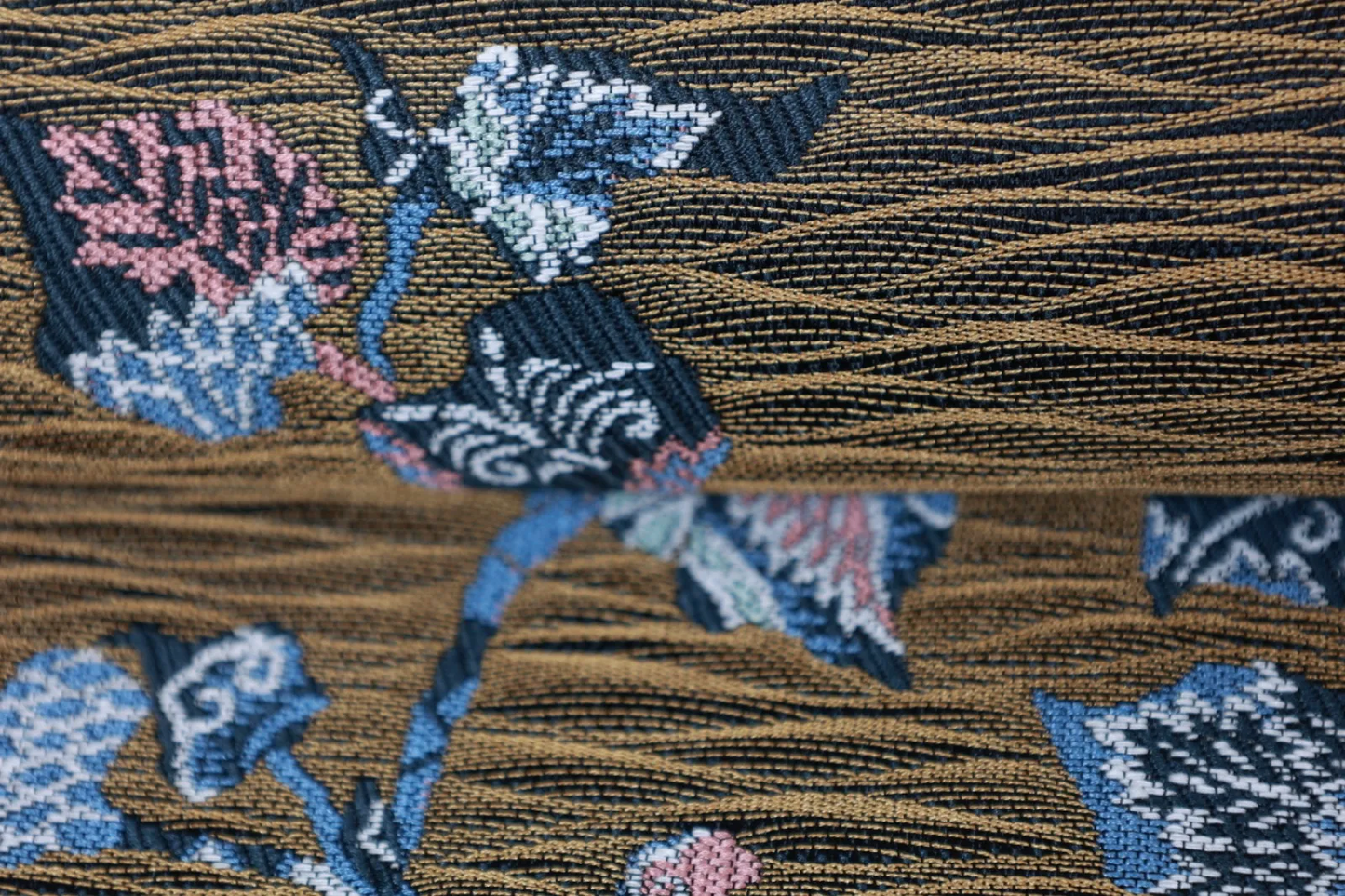 Nagoya Obi(used sash) – Moss Green, Indigo, White, Coral Pink – Ivy Pattern (R110)