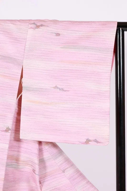 Komon (used kimono fabric) - Cherry blossom pink, brown, charcoal red, horizontal stripes - B1451