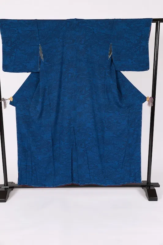 Komon(kimono), brand new and unused. Indigo shades. Features hand-dyed pine, bamboo, plum blossoms, fans, and wave patterns. B1478