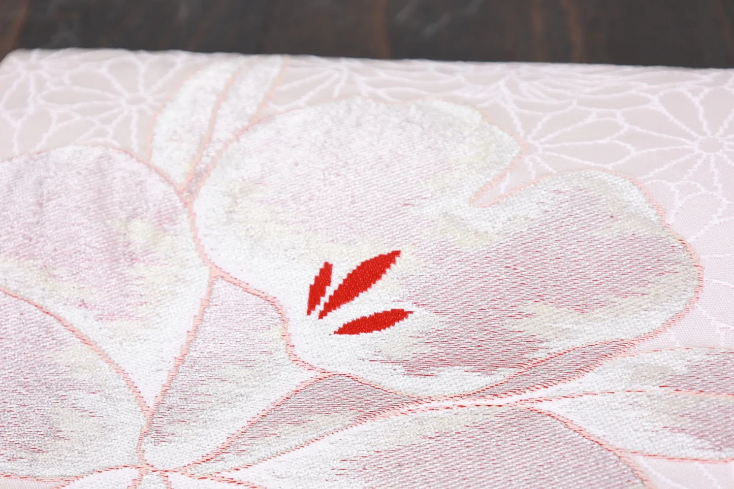 Nagoya Obi(used sash) – Off-white, Red, Silver – Orchids, Chrysanthemums – R116
