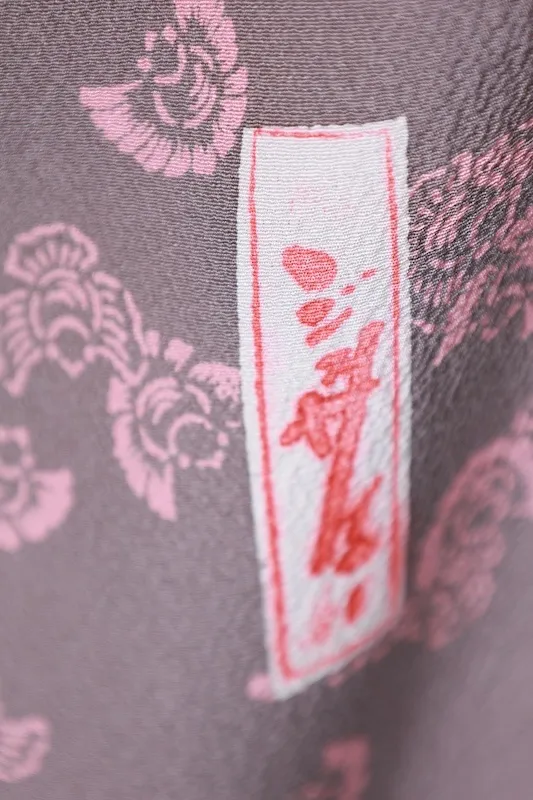 Komon (Japan used kimono silk crepe) by Tsujimura Jusaburo, gray with cherry blossom pink, featuring a swollen sparrow design, R163