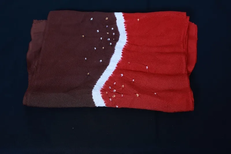 used Stole – Red, Brown, and White – Kanoko Shibori & Nuitori Shibori – R351
