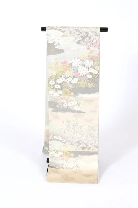 Fukuroobi shinpin mi shitate gōrudo shirubā midori murasaki sango-iro shiro Miyajima fūkei L 7 37 New, unstitched fukuro obi used ( sash). Gold, silver, green, purple, coral, white. Miyajima landscape design. L7