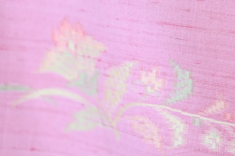 Japan used kimono(Tsumugi silk fabric), pink, yellow, green, floral pattern, handwoven, R199