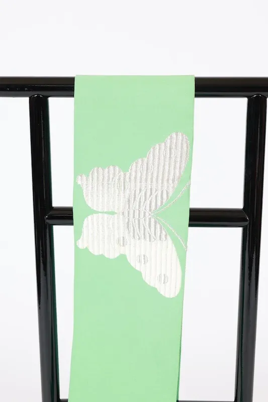 Nagoya obi used (sash), tapestry weave, peppermint green, silver, butterfly pattern, L33