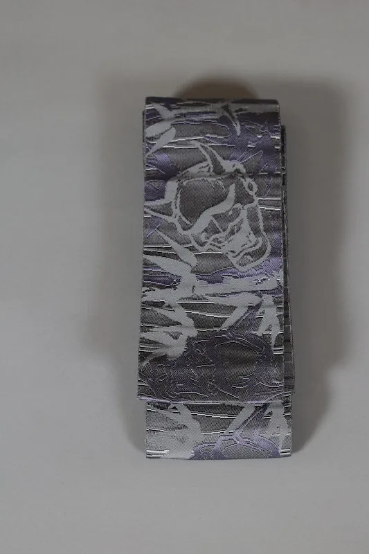 Men's Yukata Obi used (Sash) - Grayish and Purple with Hannya Mask Design, Horizontal Stripes on the Reverse Side, Reversible, L130