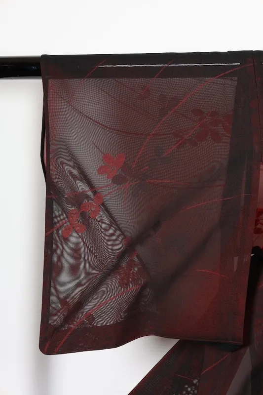 Summer Komon (used kimono fabric), Nishijin weave, black and red, floral and dewdrop pattern, R24