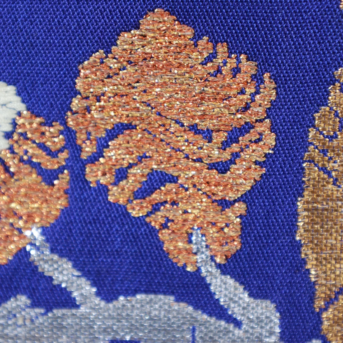 Authentic Fukuro Obi used(formal obi sash), handwoven, brocade, Tatsumura brand, blue, silver, gold, off-white, green V31