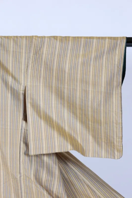 Japan used kimono – Gray, Beige, and Brown Stripes – Botanical Dye – Hand-woven – B1387